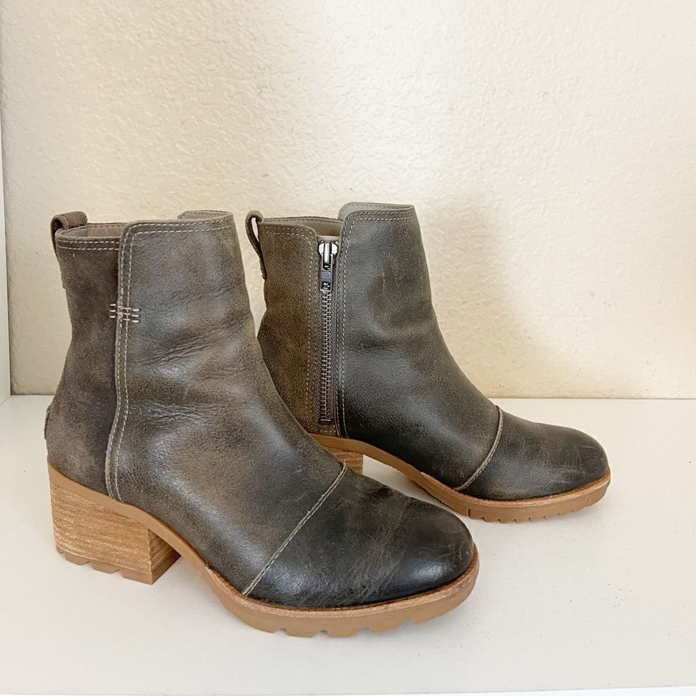 Sorel Cate Bootie Ankle Boot Leather Block Heel Major Brown. 7 - Picture 12 of 13